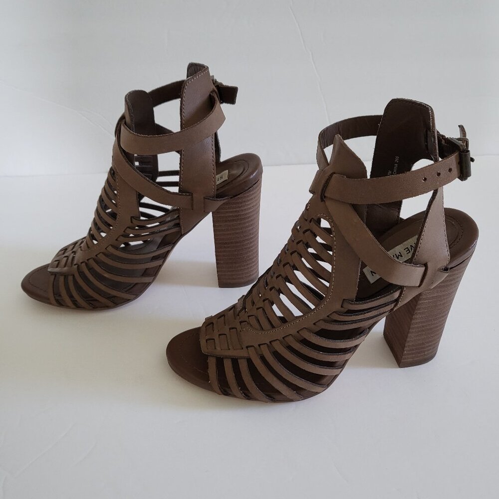 Steve Madine Savine Sandals Womens Size 7M Strappy Leather Heels Dark Brown